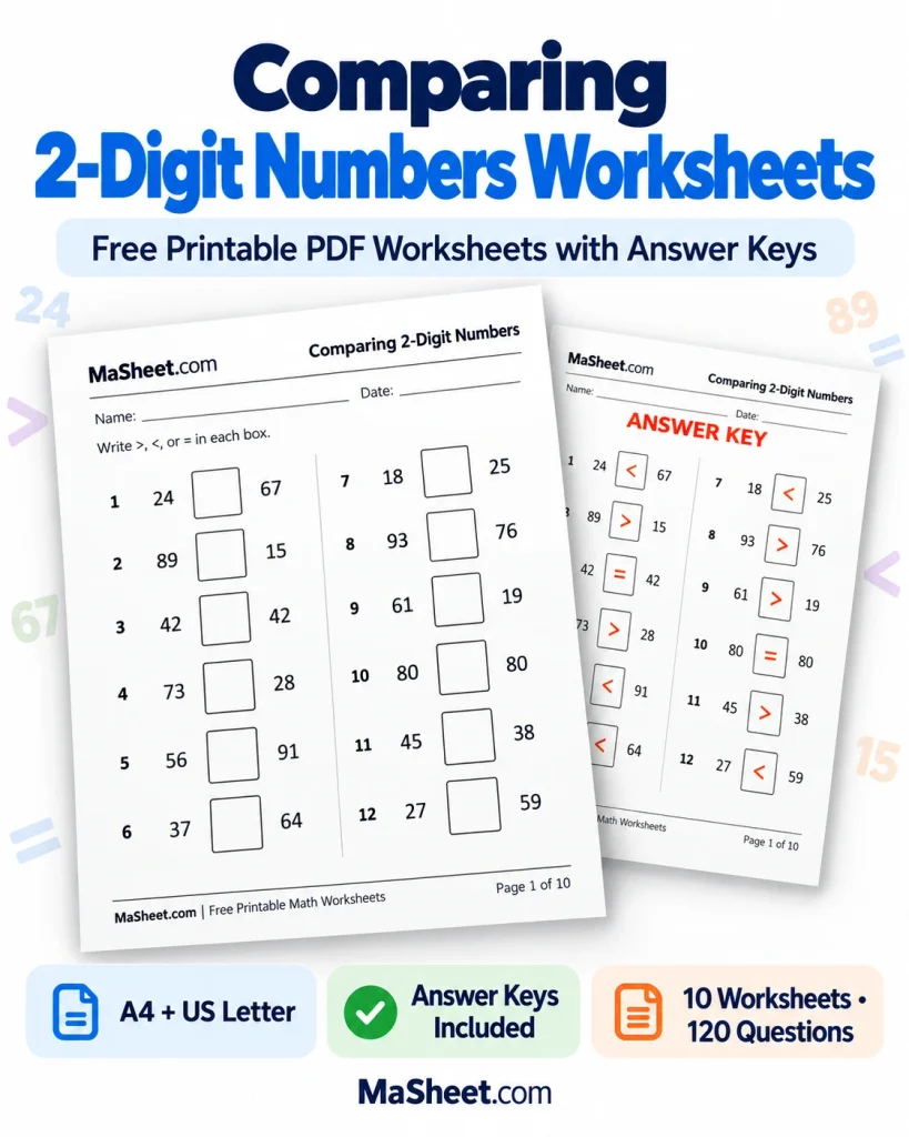 Comparing 2-Digit Numbers Worksheets with Answer Keys – MaSheet