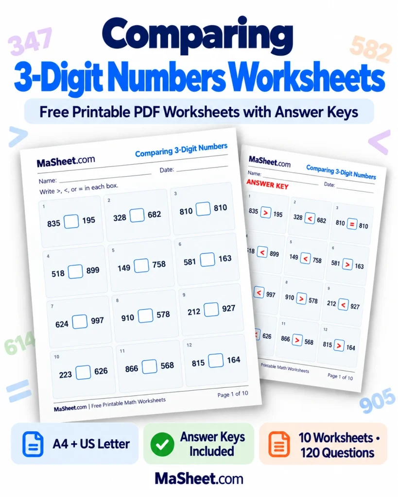 Comparing 3-Digit Numbers Worksheets with Answer Keys – MaSheet