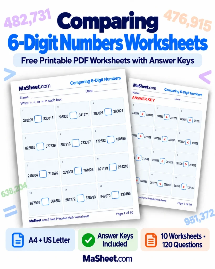 Comparing 6-Digit Numbers Worksheets with Answer Keys – MaSheet