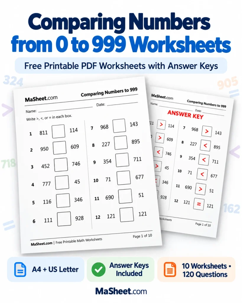 Comparing Numbers from 0 to 999 Worksheets with Answer Keys – MaSheet