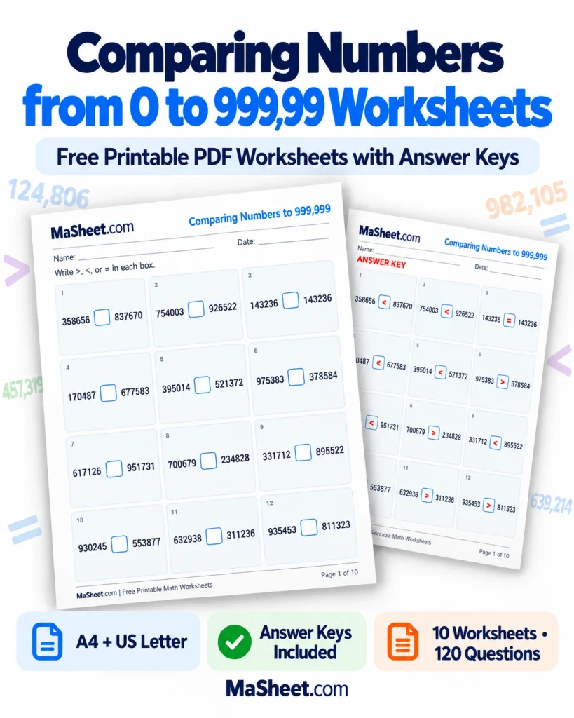 Comparing Numbers from 0 to 999,999 Worksheets with Answer Keys – MaSheet