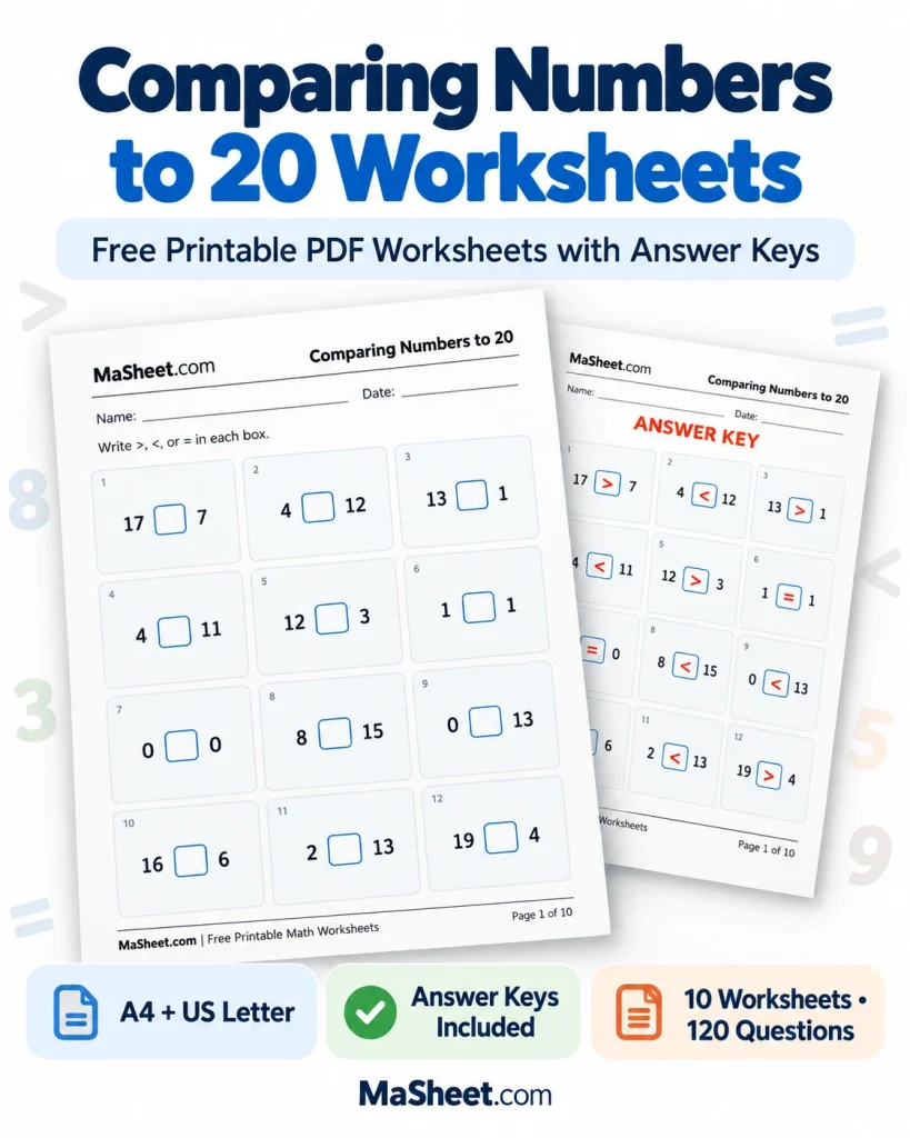 Comparing Numbers to 20 Worksheets with Answer Keys – MaSheet