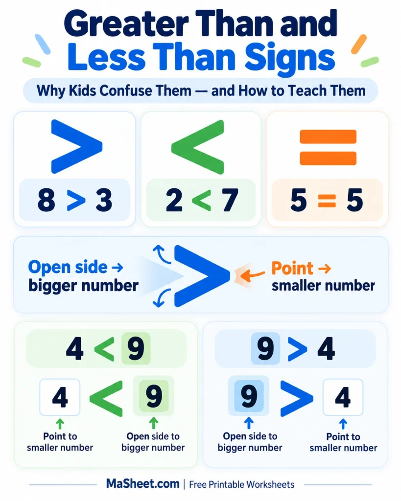 Greater than and less than signs with examples showing the open side facing the larger number